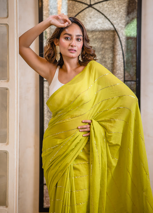 Lime Green Sequined Mulmul Cotton Saree