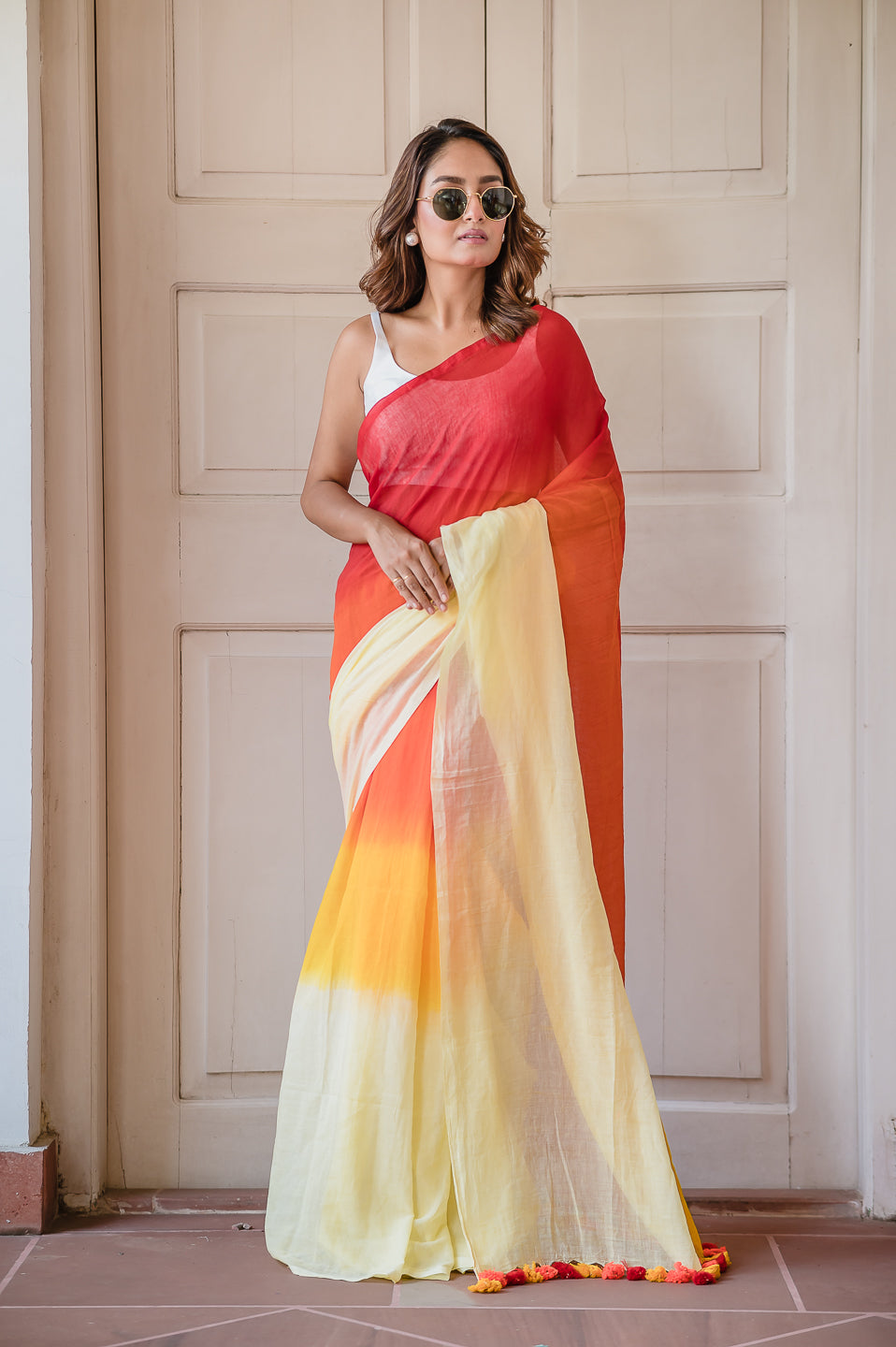 Red Tie Dye Mulmul Cotton Saree