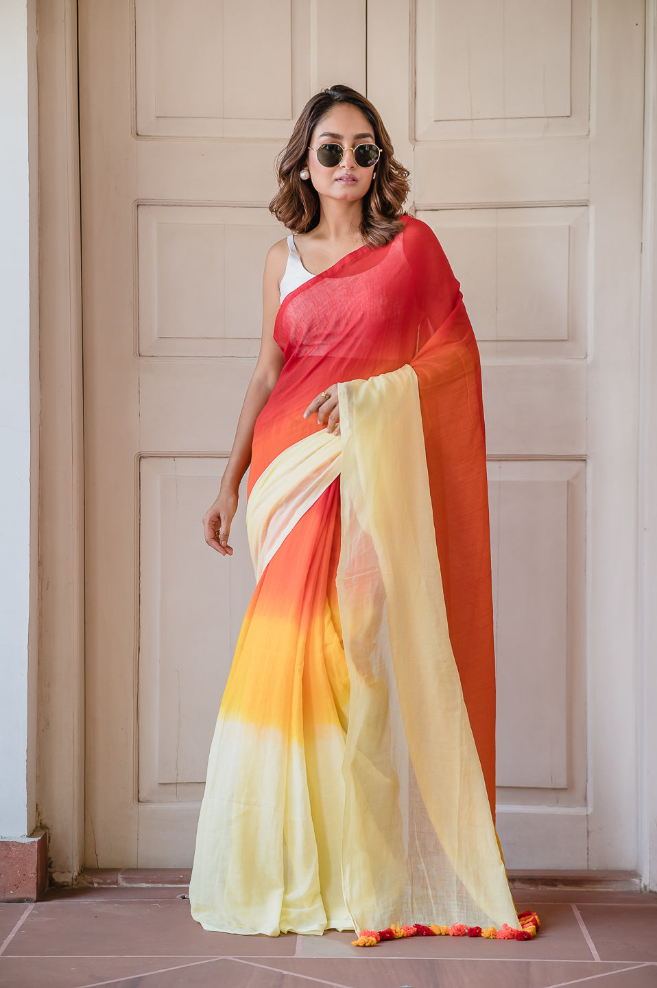 Red Tie Dye Mulmul Cotton Saree