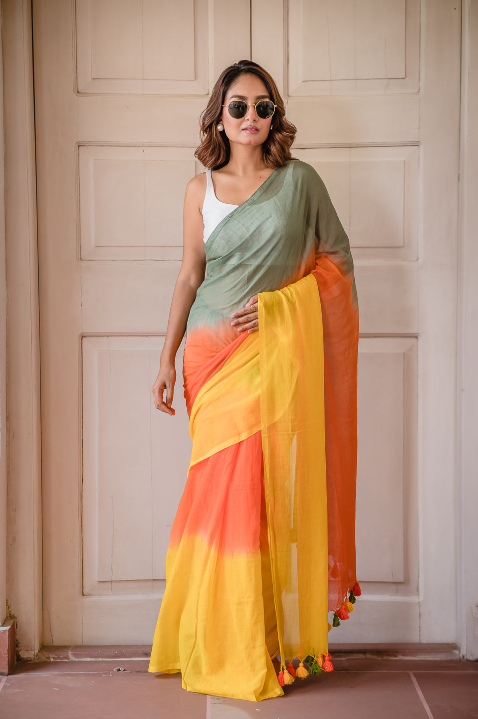 Orange Tie Dye Mulmul Cotton Saree