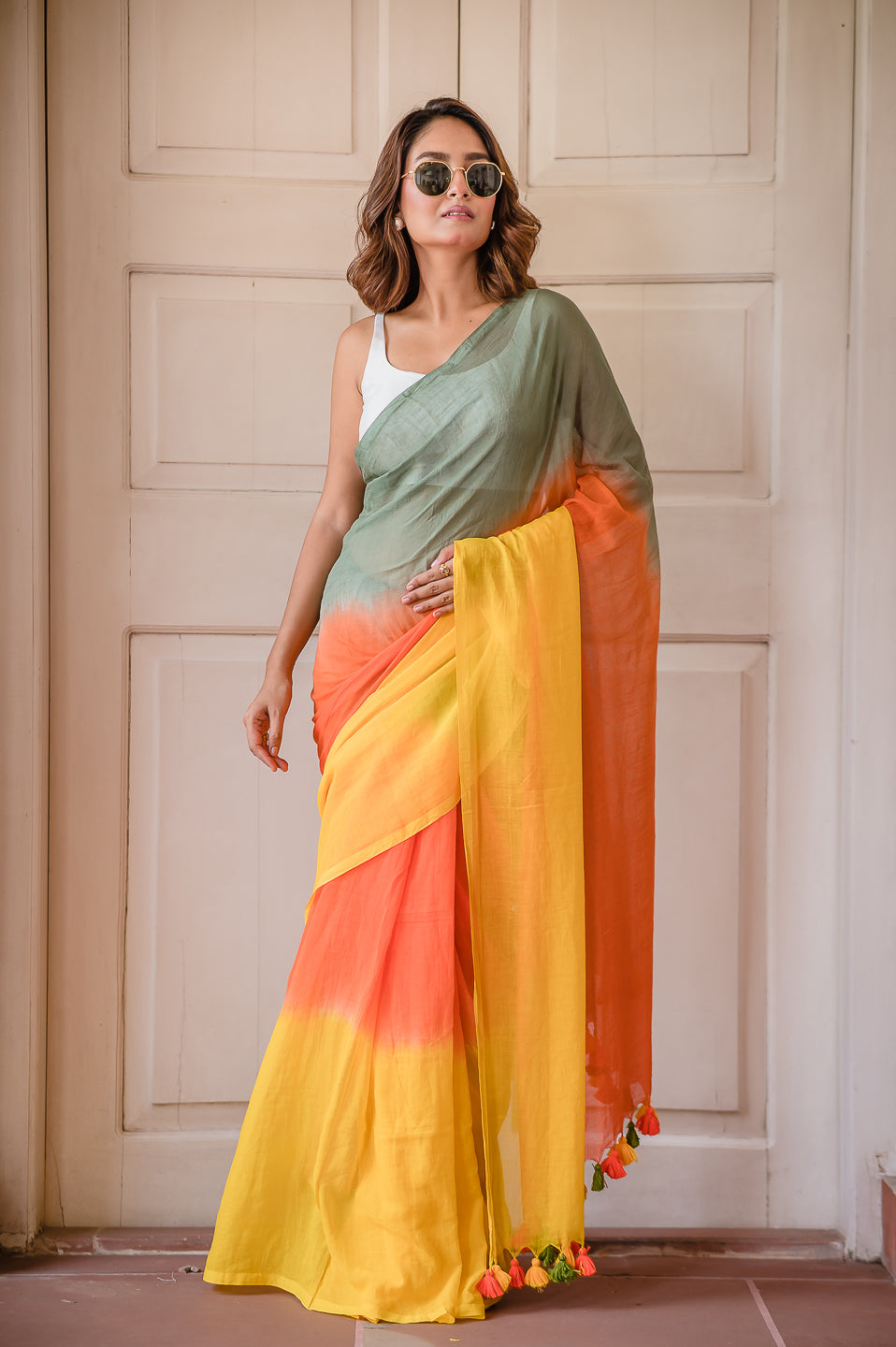 Orange Tie Dye Mulmul Cotton Saree