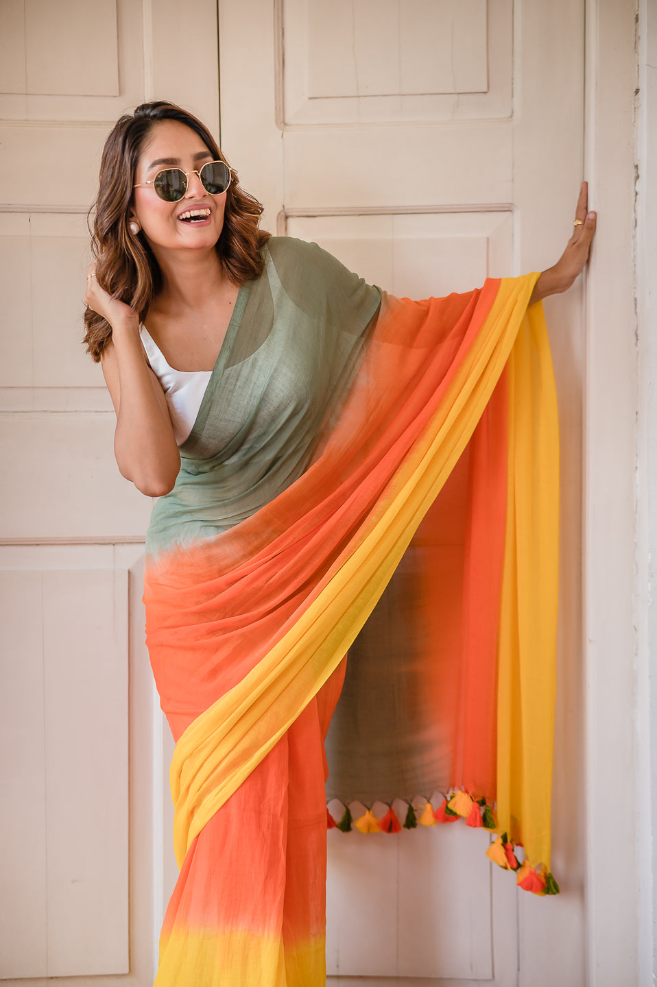 Orange Tie Dye Mulmul Cotton Saree