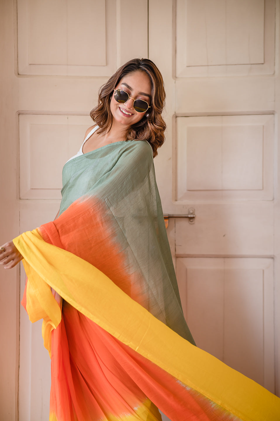 Orange Tie Dye Mulmul Cotton Saree