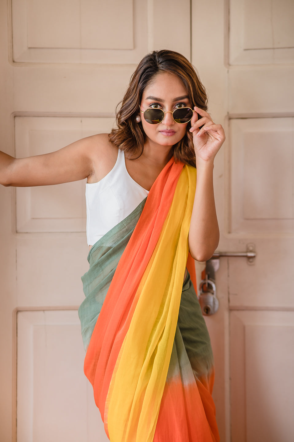 Orange Tie Dye Mulmul Cotton Saree