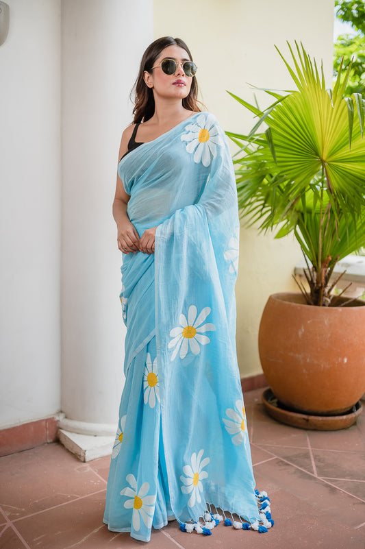 Sky Blue Hand Painted Mulmul Cotton Saree