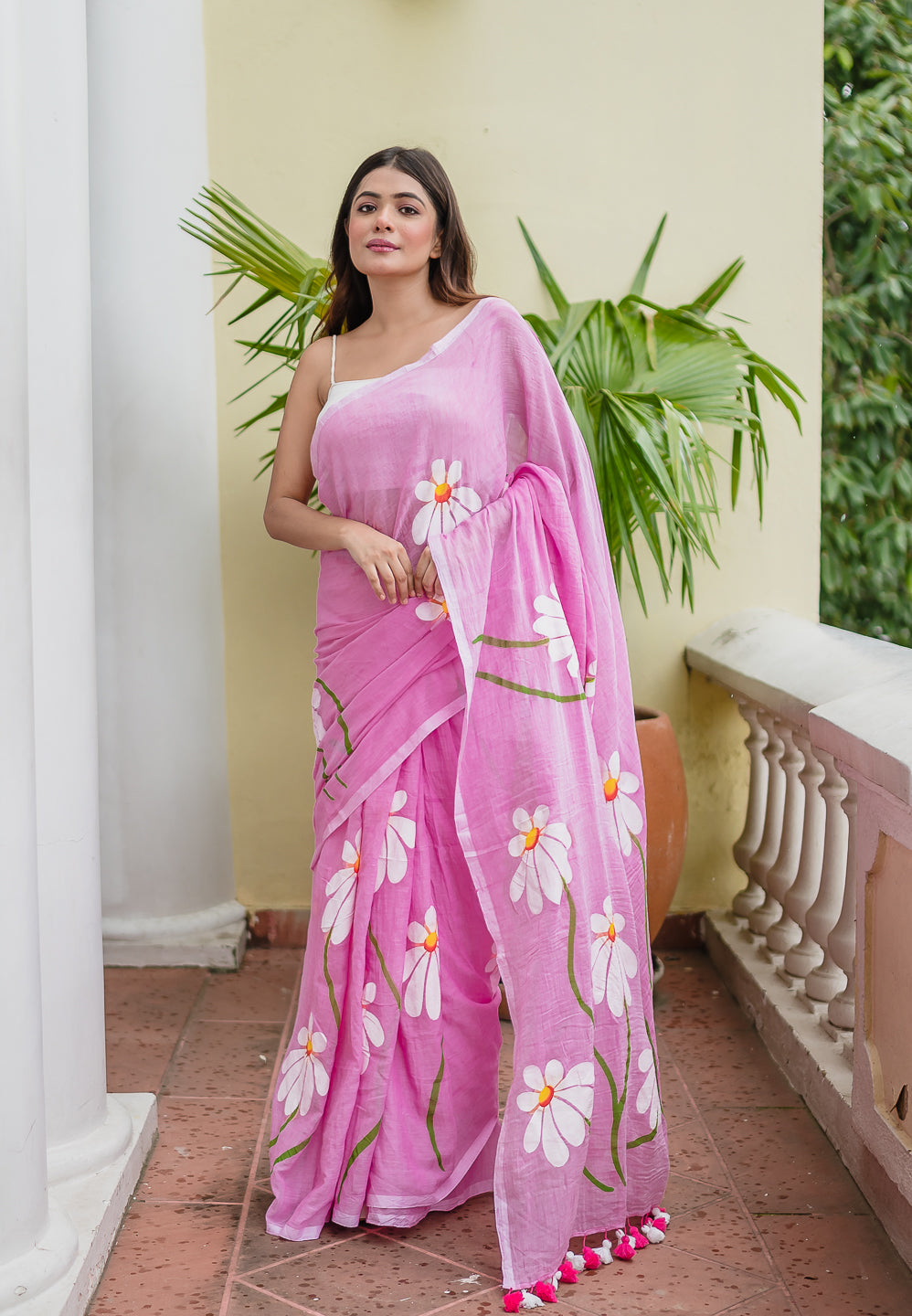 Baby Pink Hand Painted Mulmul Cotton Saree