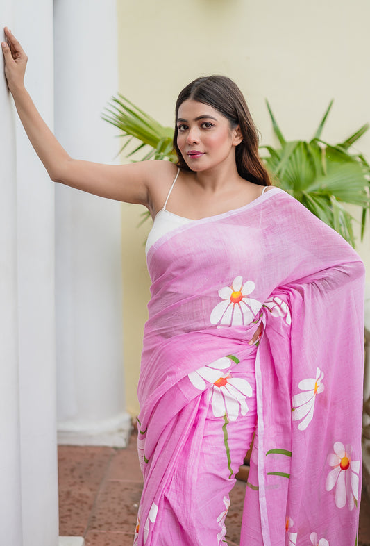 Baby Pink Hand Painted Mulmul Cotton Saree