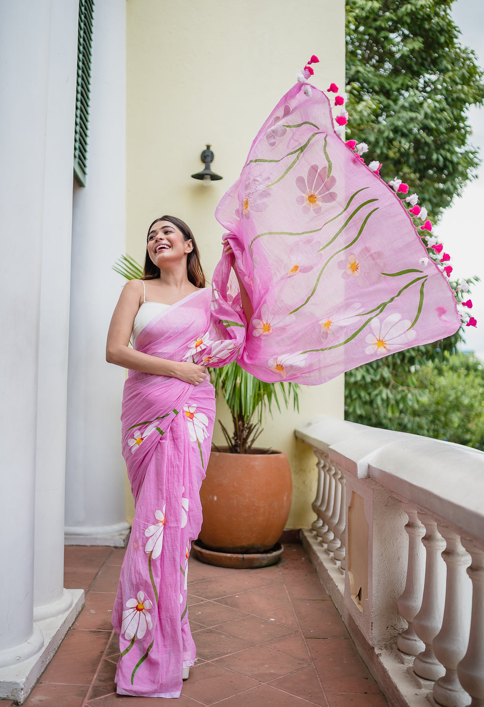 Baby Pink Hand Painted Mulmul Cotton Saree