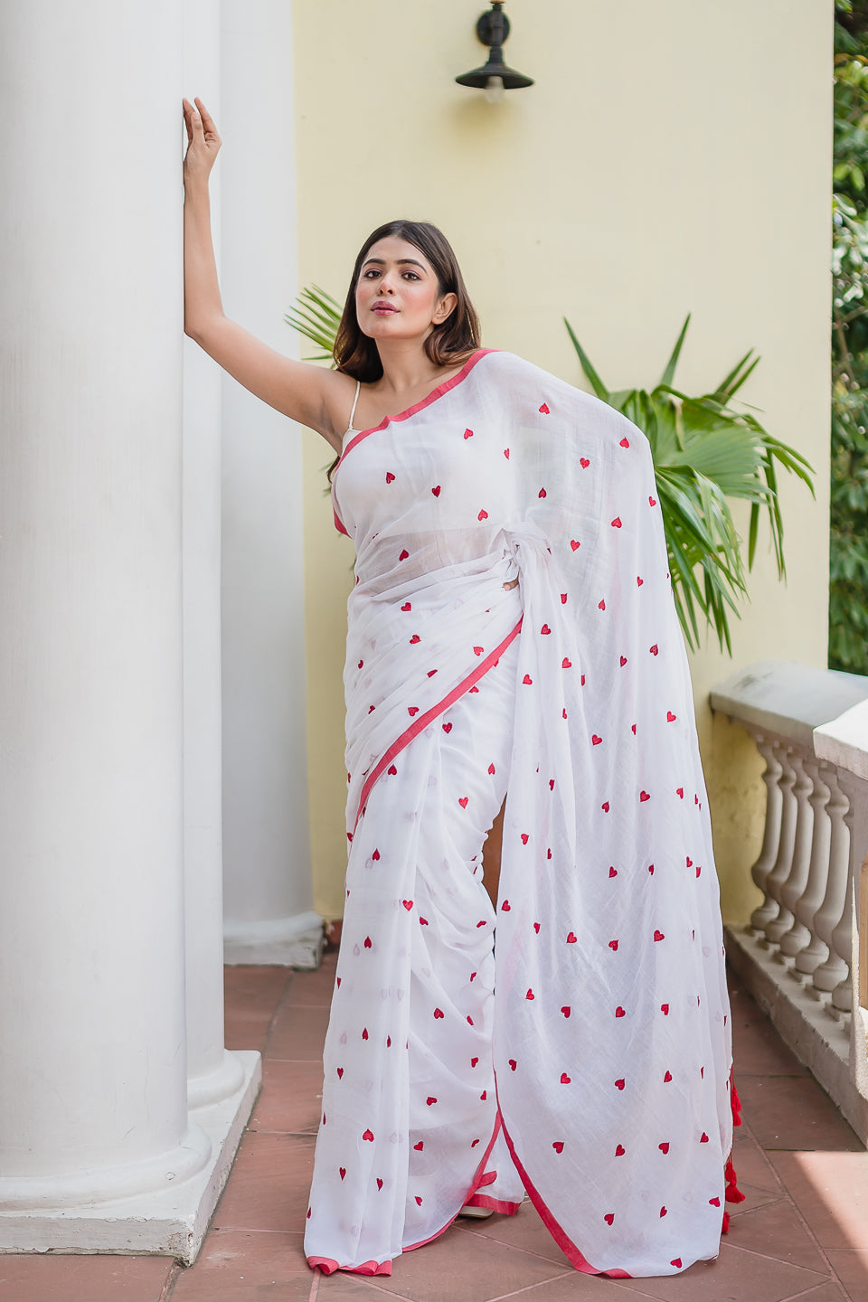 White And Red Love Mulmul Cotton Saree