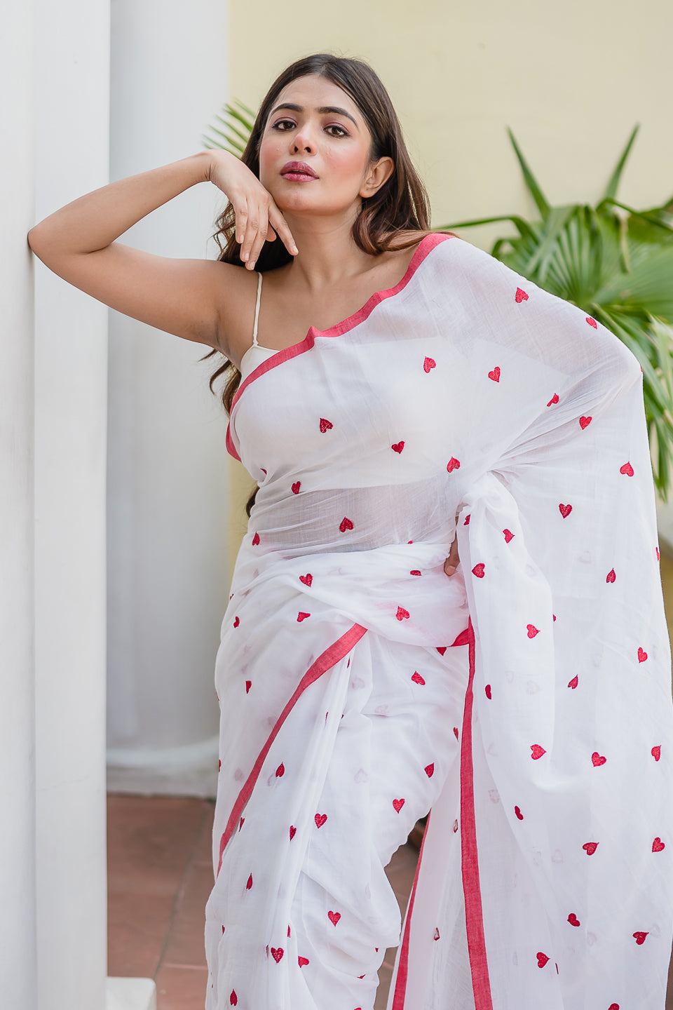 White And Red Love Mulmul Cotton Saree