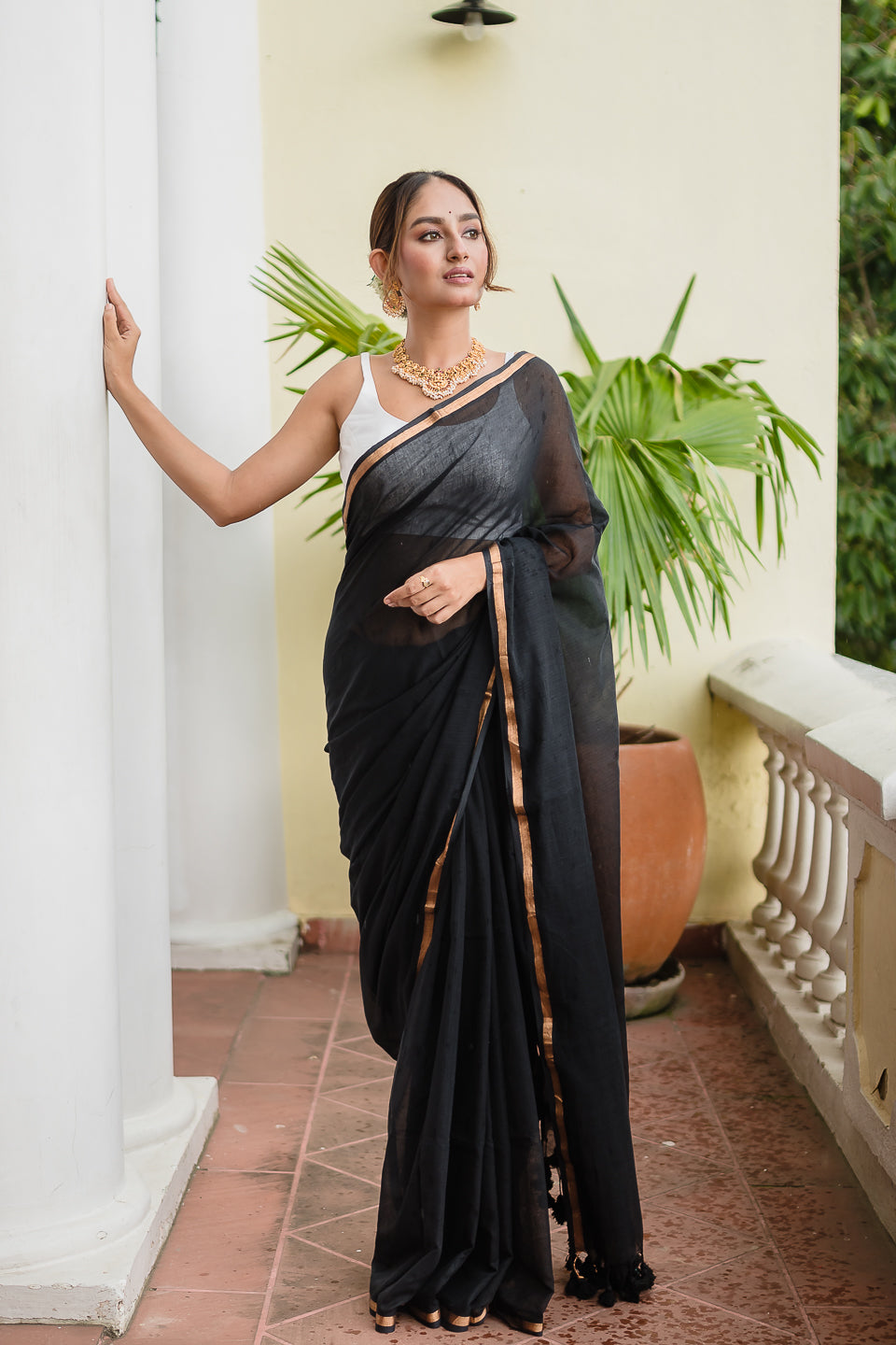 Black Golden Mulmul Cotton Saree