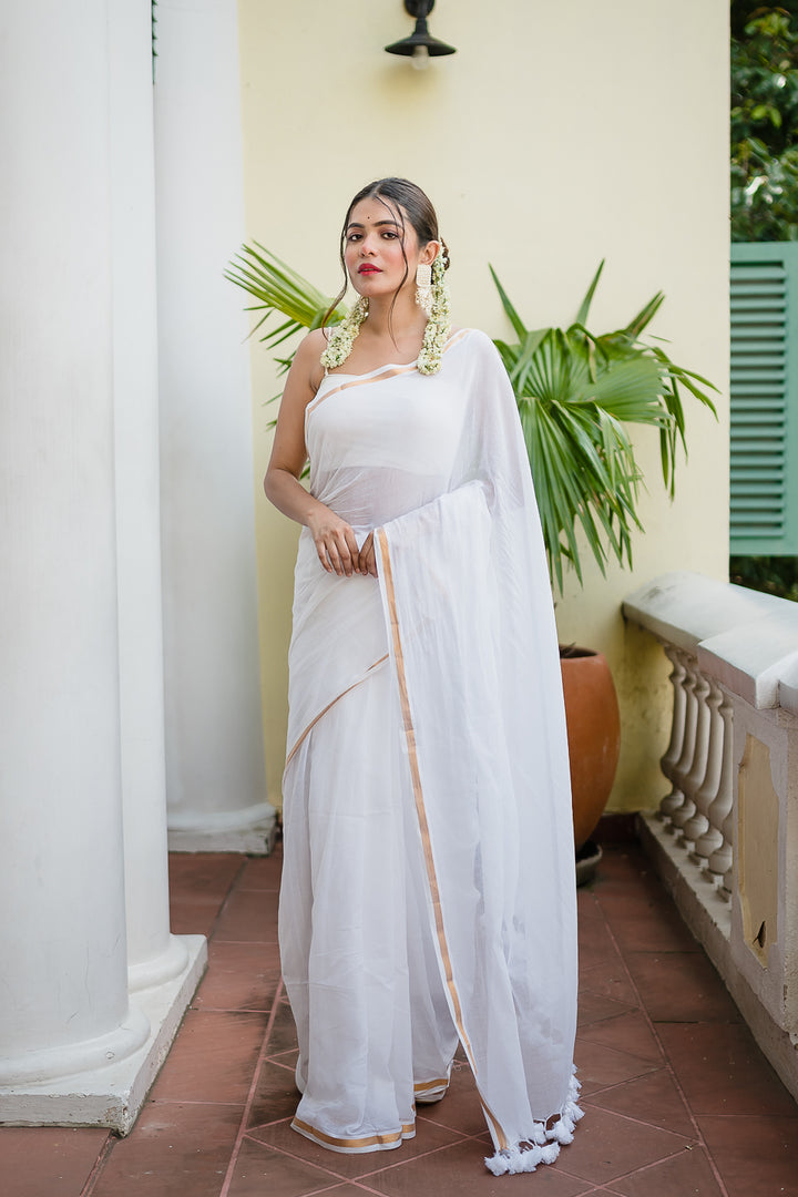 White Golden Mulmul Cotton Saree