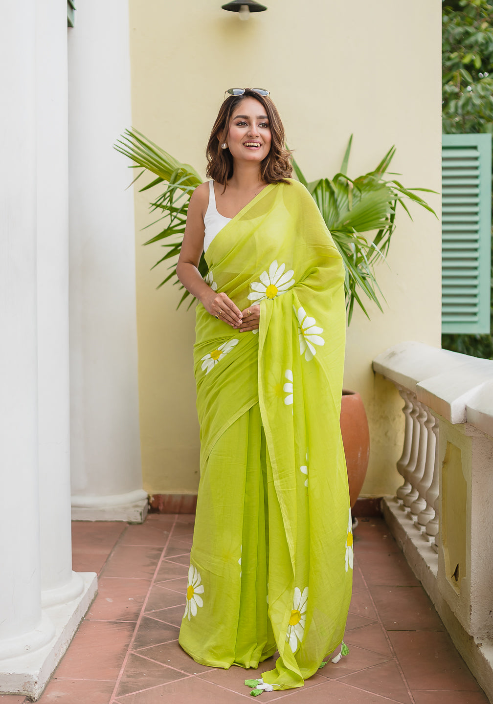 Green Hand Painted Mulmul Cotton Saree