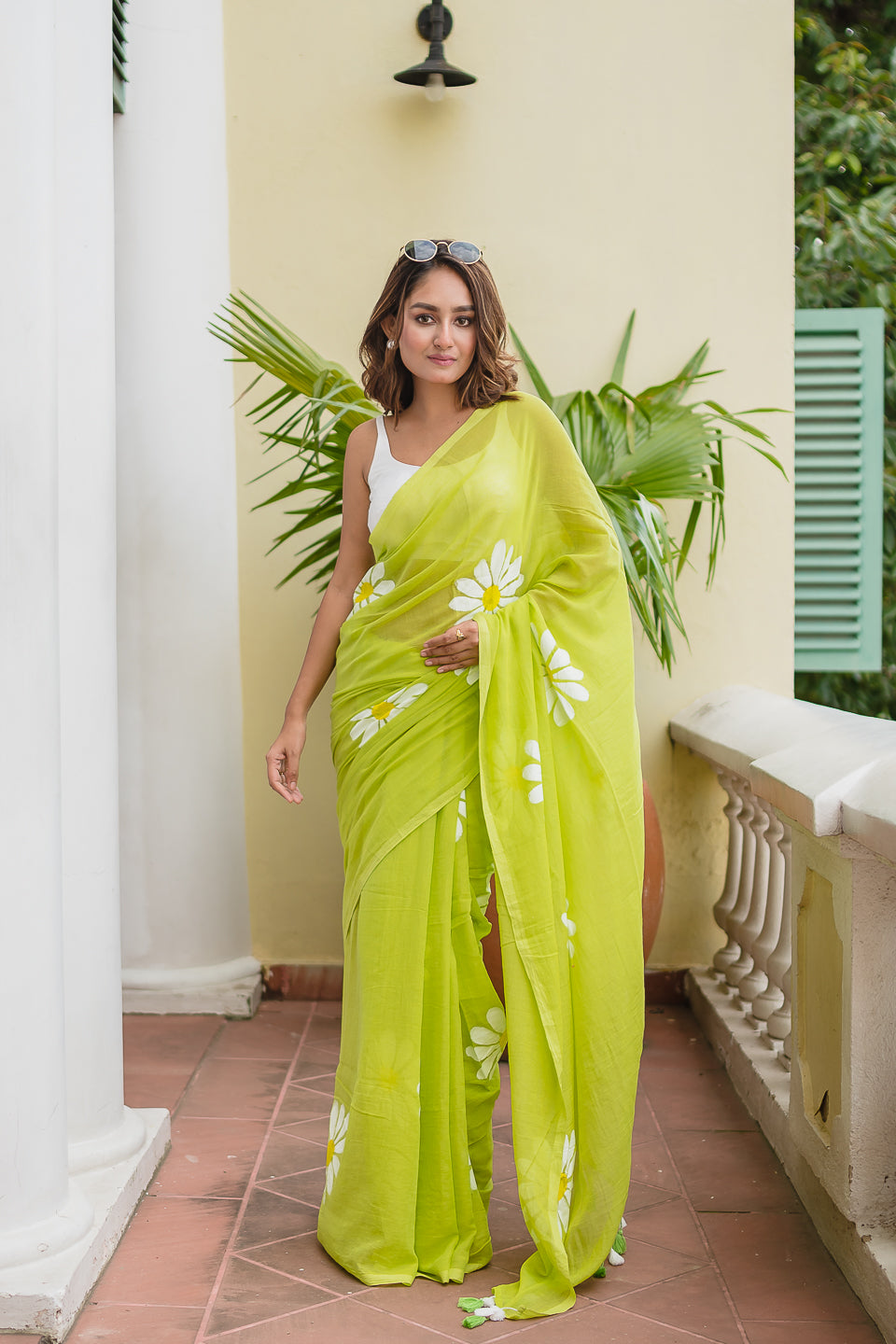 Green Hand Painted Mulmul Cotton Saree