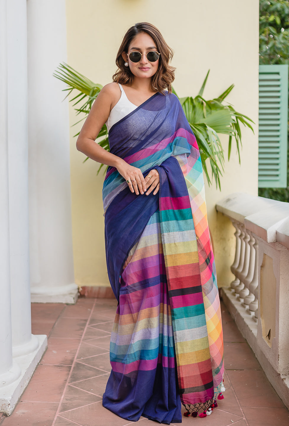 Navy Blue Mulmul Cotton Saree