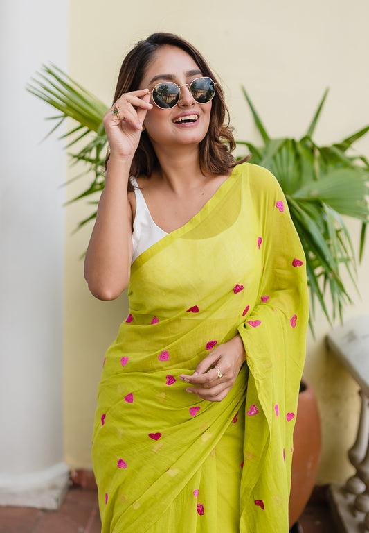 Lime Green Love Mulmul Cotton Saree