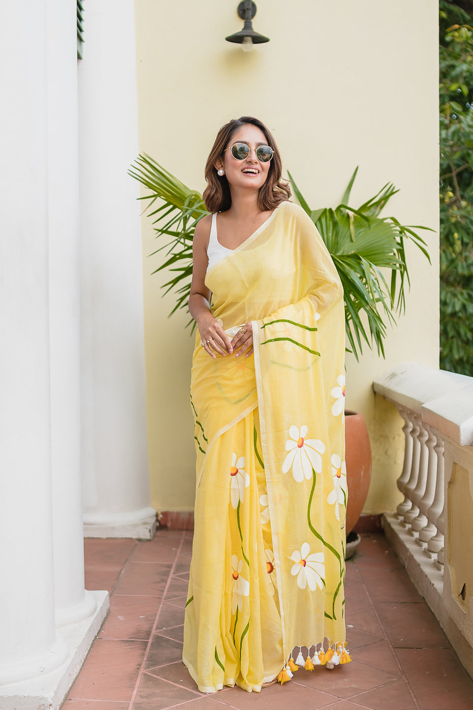 Yellow Hand Painted Mulmul Cotton Saree