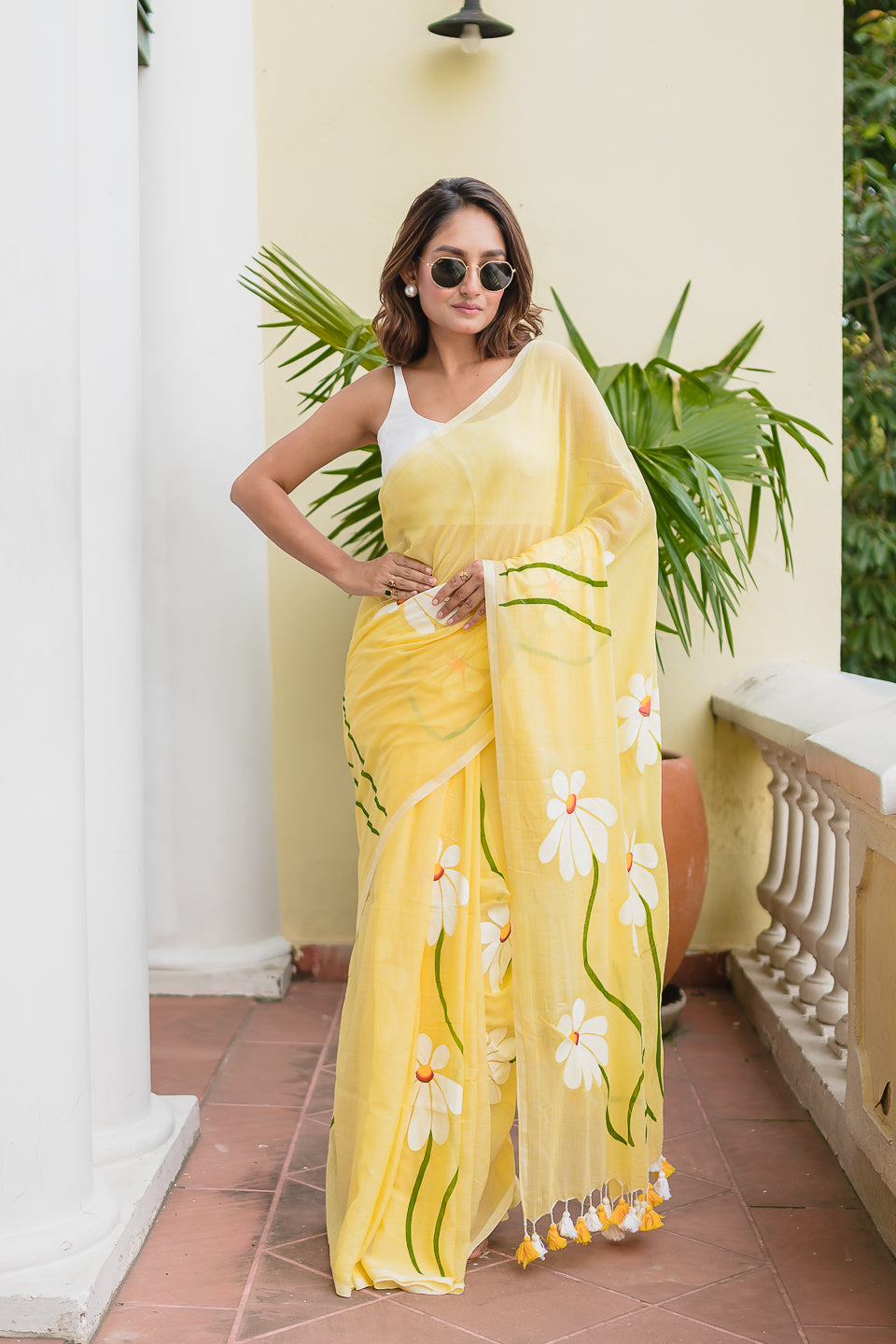 Yellow Hand Painted Mulmul Cotton Saree