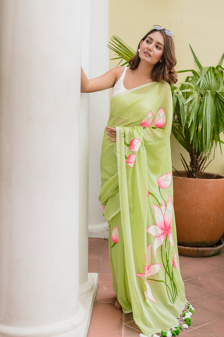 Lotus Hand Painted Mulmul Cotton Saree