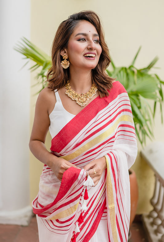 White And Red Mulmul Cotton Saree