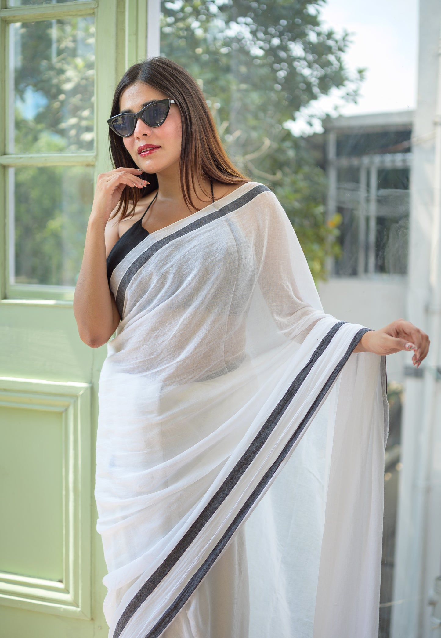 White And Black Mulmul Cotton Saree