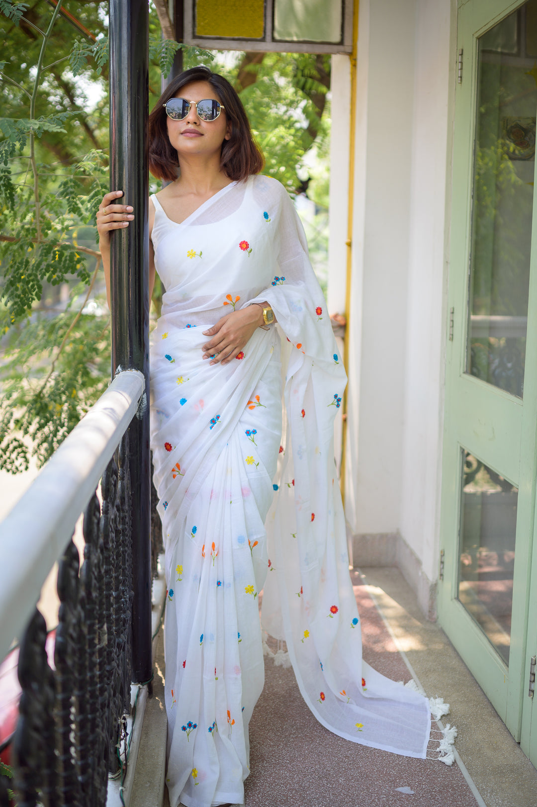 White Embroidered Mulmul Cotton Saree