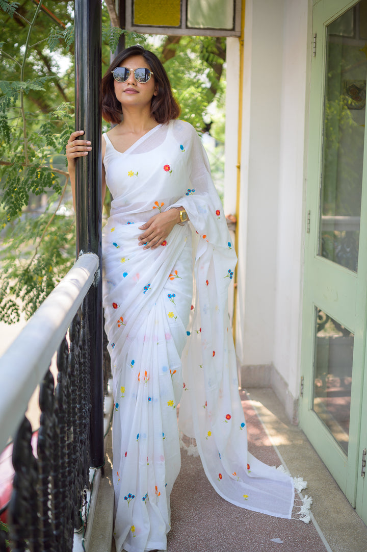 White Embroidered Mulmul Cotton Saree