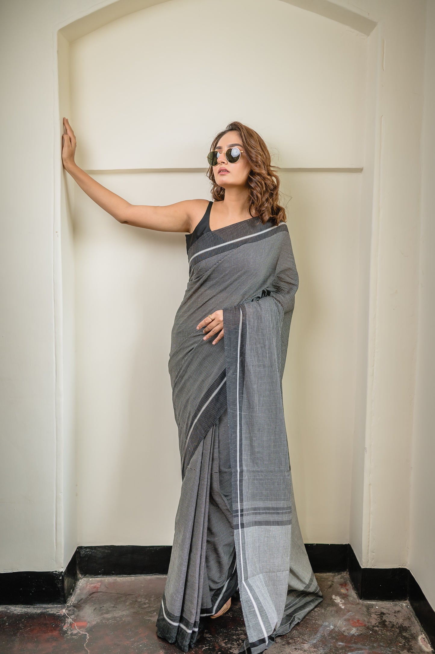 Black Check Pure Cotton Saree