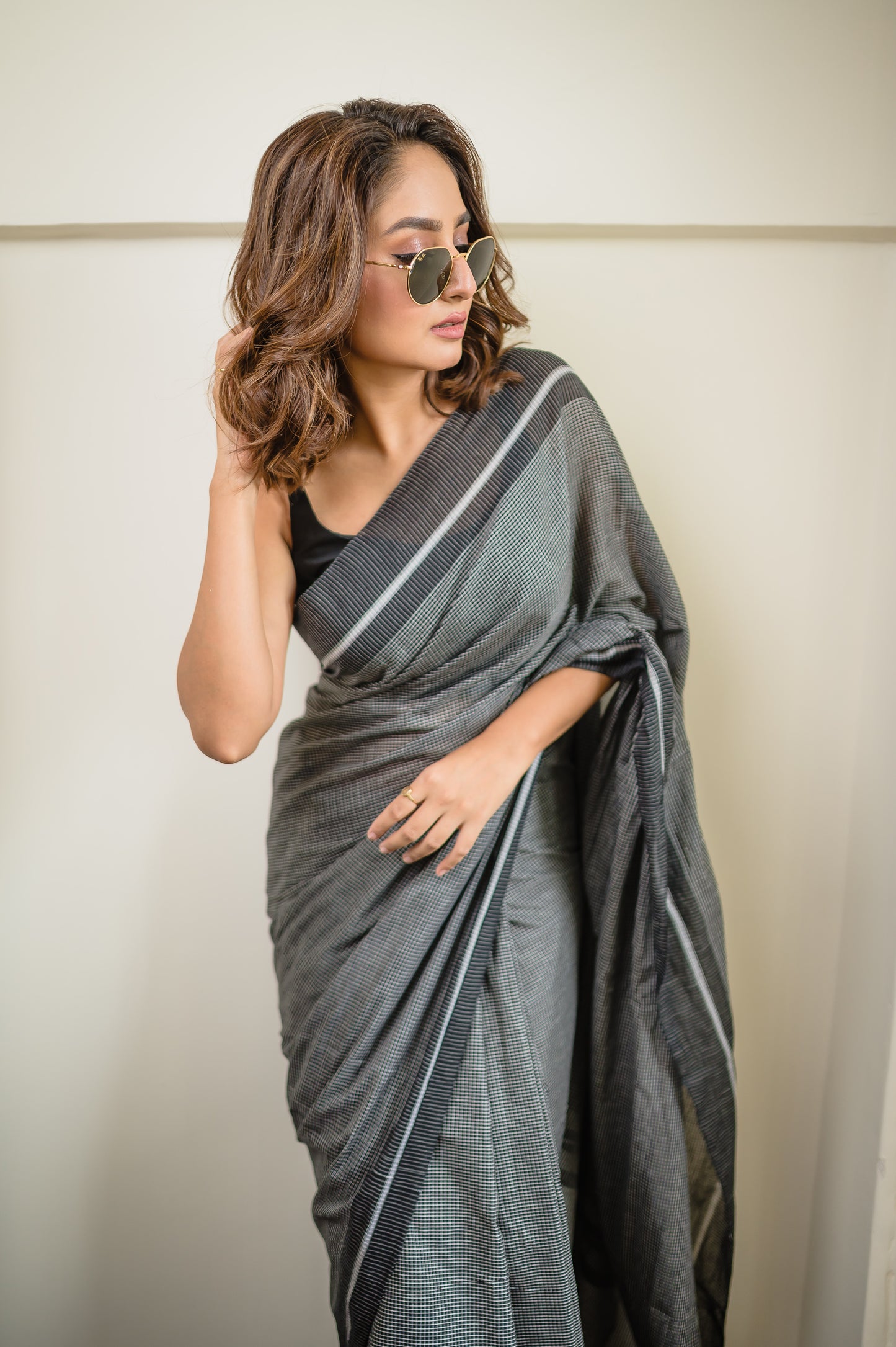 Black Check Pure Cotton Saree