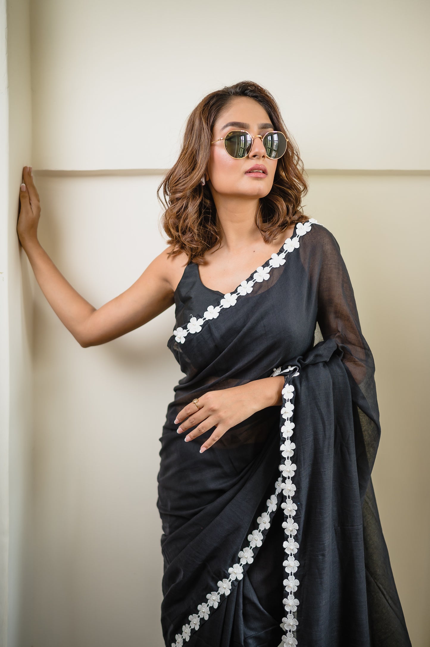 Flower Black Mulmul Cotton Saree