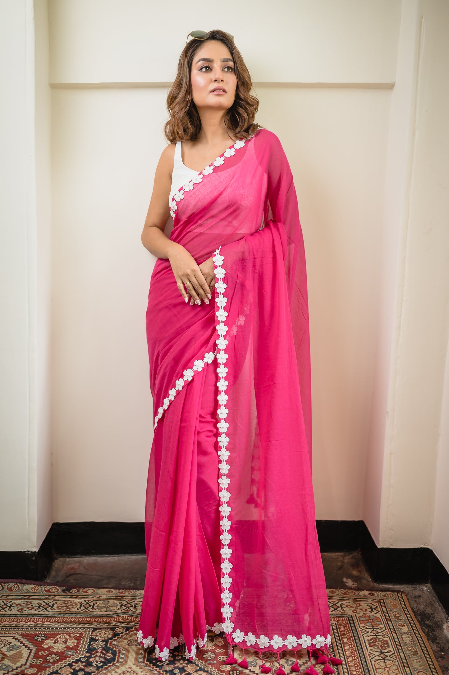 Flower Pink Cotton Saree