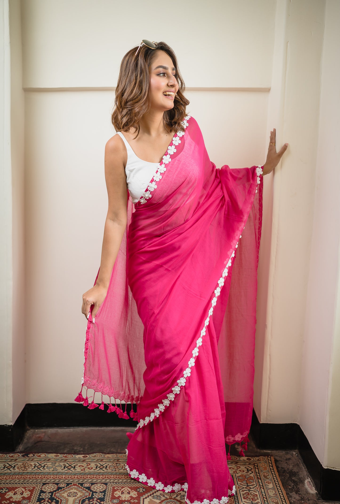 Flower Pink Cotton Saree