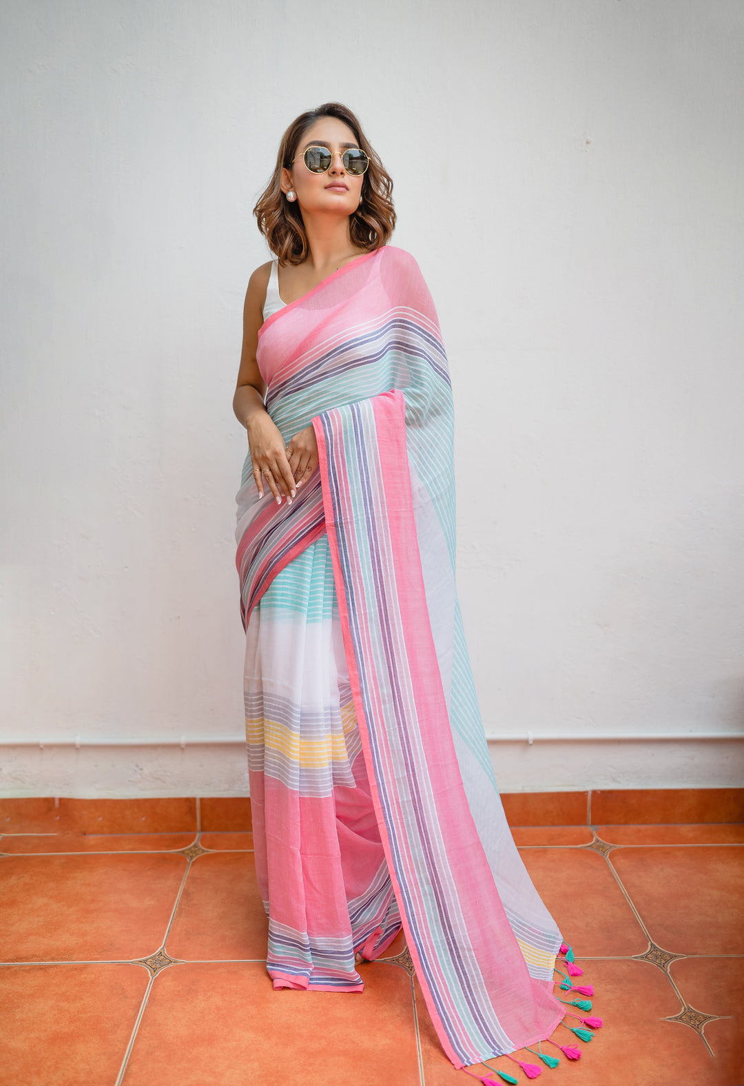 Multicolor Mulmul Cotton Saree