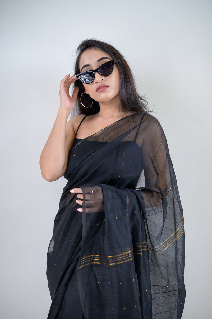 Black Golden Sequins Cotton Silk Saree