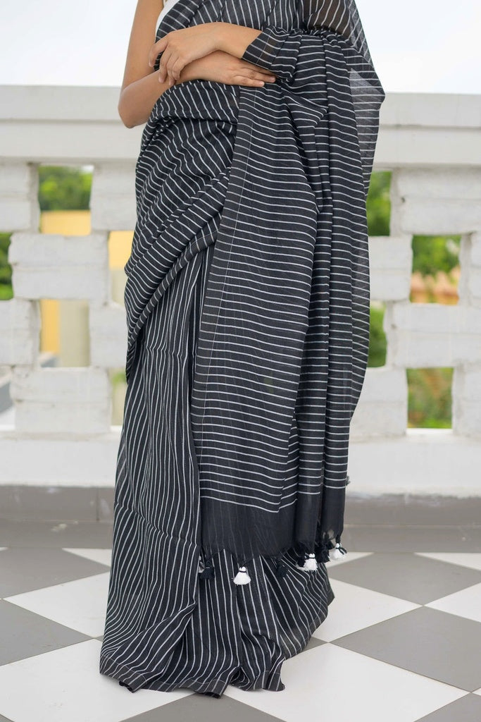 Striped Black Soft Cotton Saree
