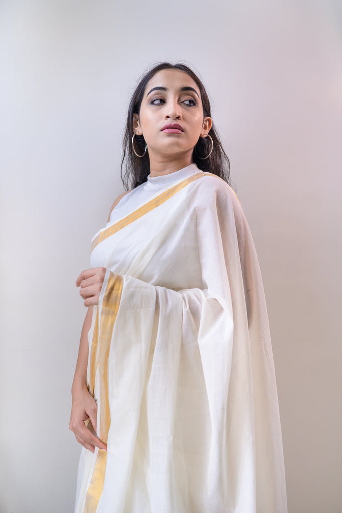 Zari Work Strip White Saree For Onam|Golden Waves|Suta