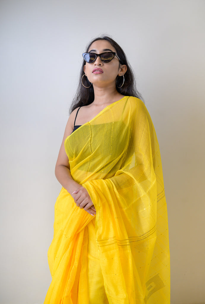Yellow Golden Sequins Cotton Silk Saree