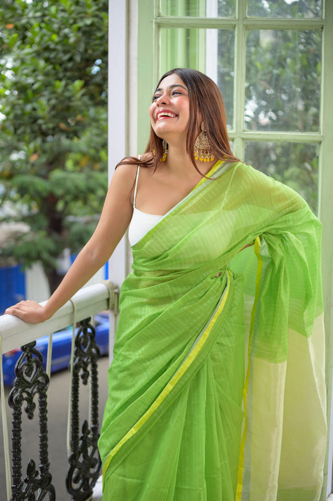 Striped Green Cotton Silk Saree