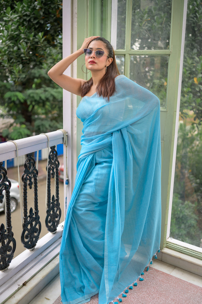 Buy Linen Cotton Saree In Light Blue Color Online - SARV04439 | Andaaz  Fashion