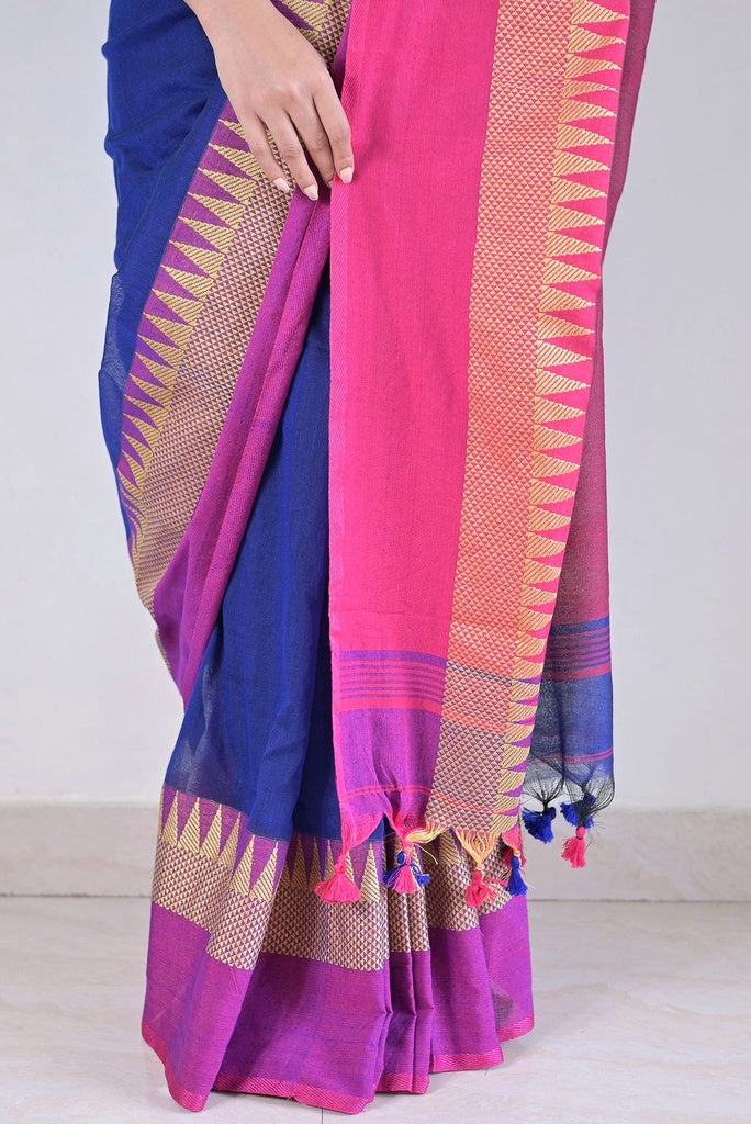Blue Temple Border Cotton Saree