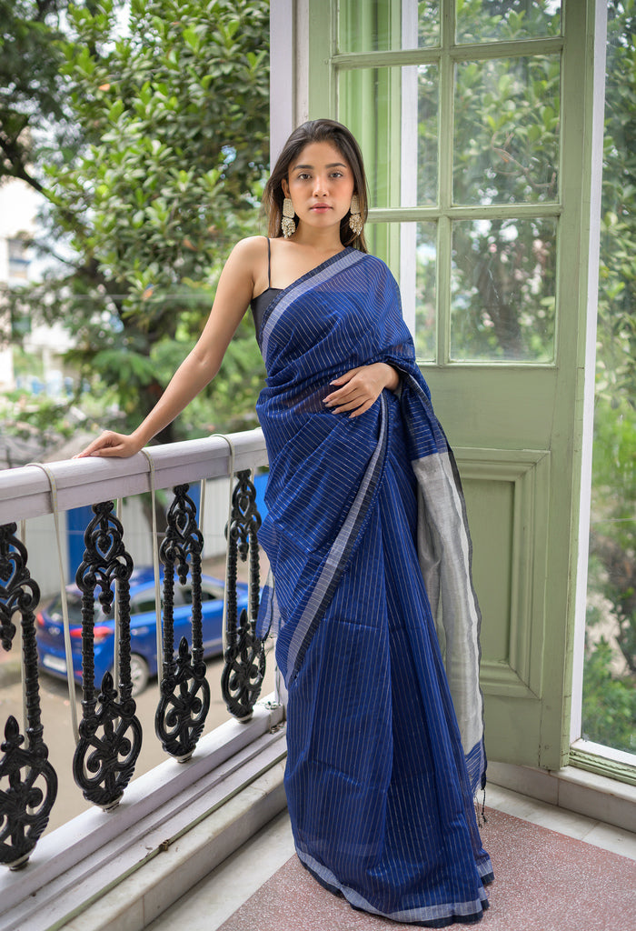 Striped Blue Cotton Silk saree