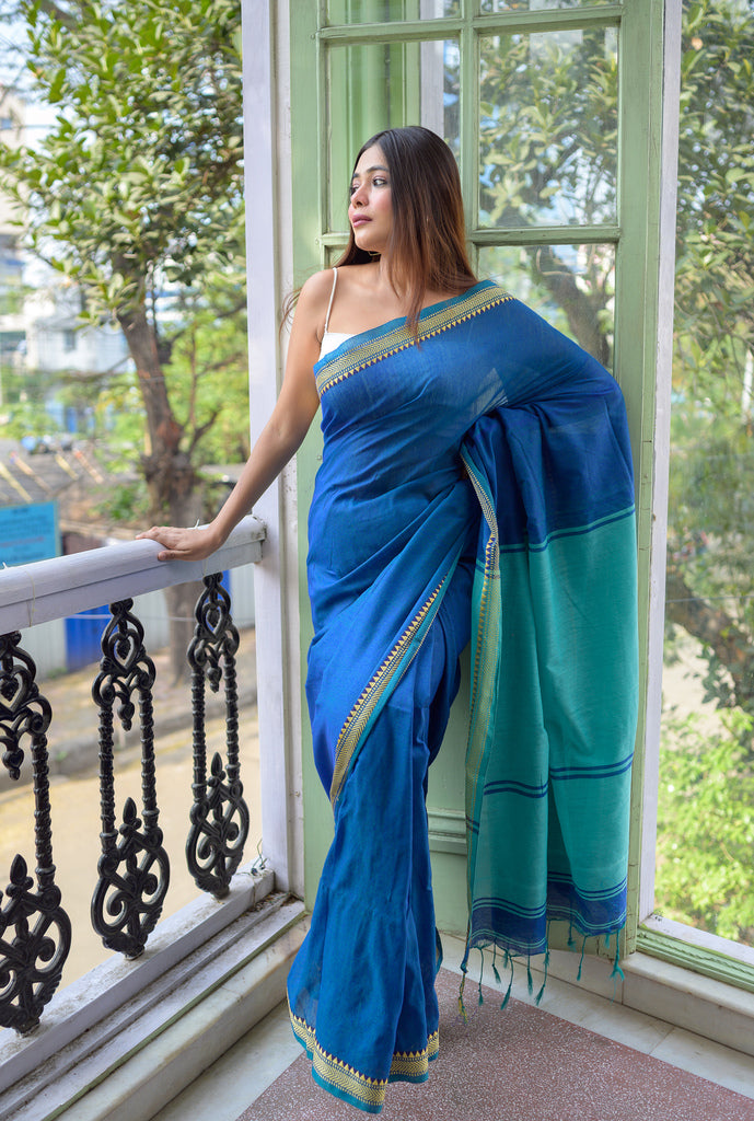 Shop Elegant Blue Maheshwari Silk Cotton Handloom Saree Online