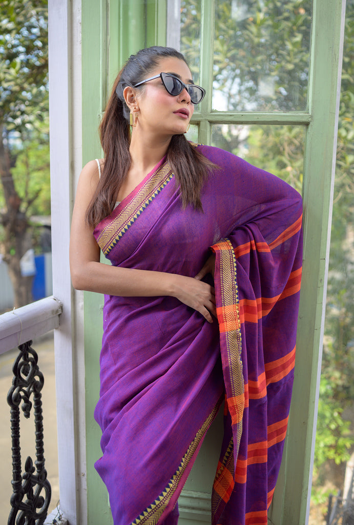 Hand Block Printed Silk Cotton Saree - Purple – Tamara