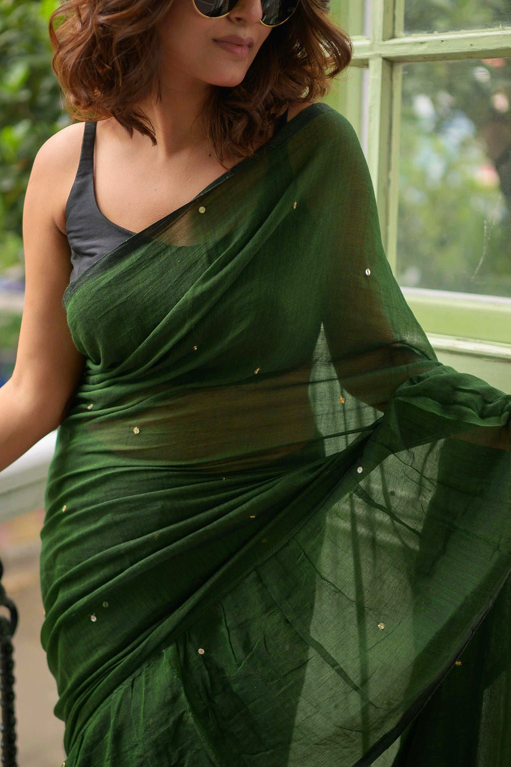 Green Ruffle Mulmul Cotton Saree