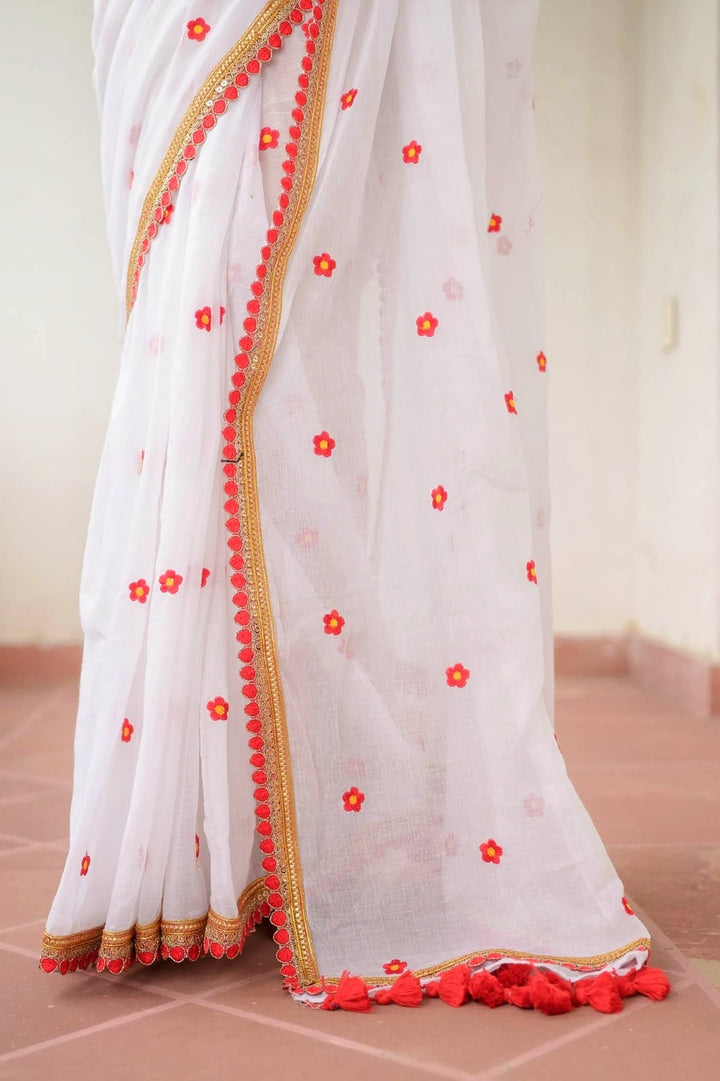 White And Red Embroidery Mulmul Cotton Saree