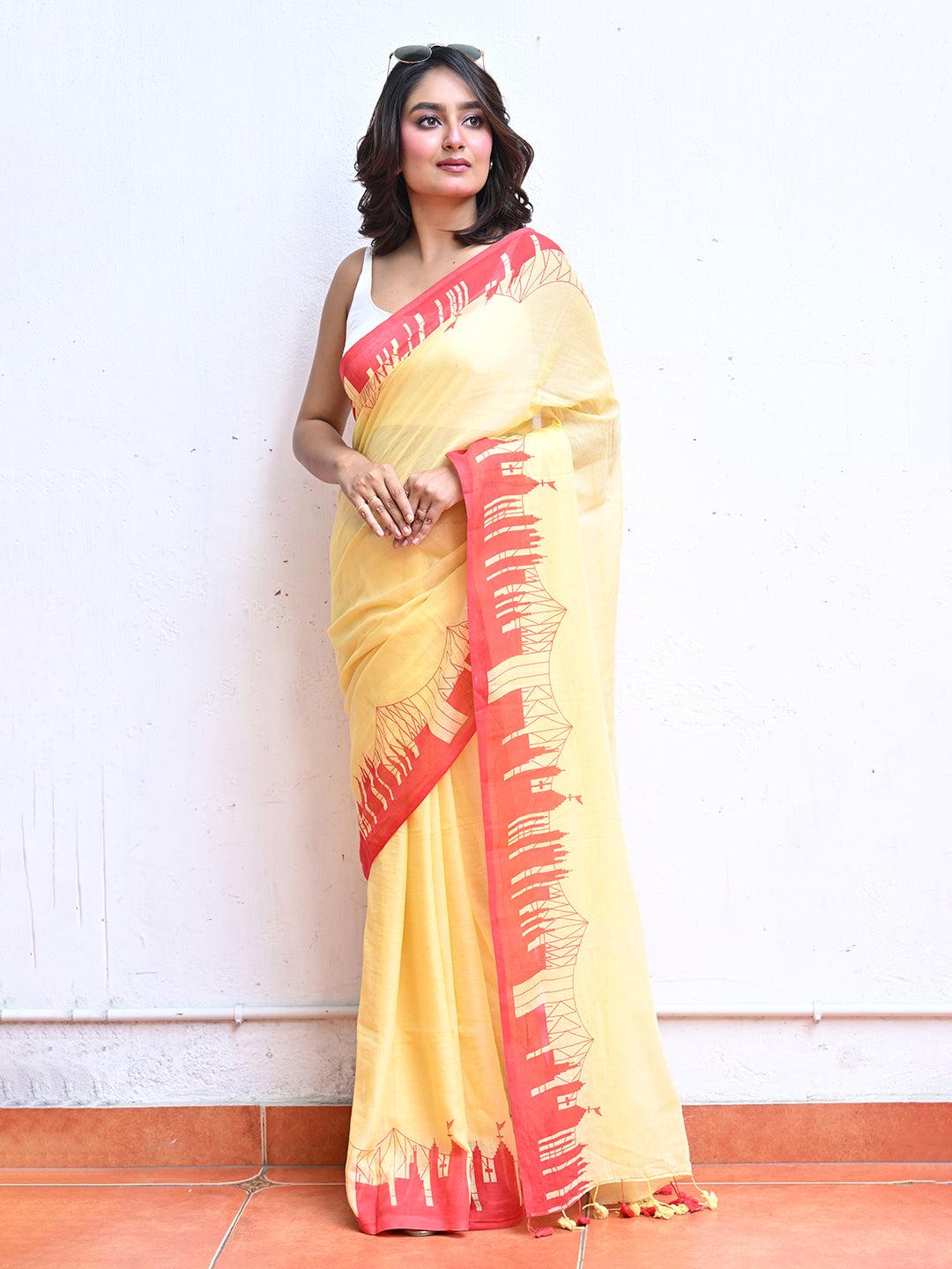 Yellow Mulmul Cotton Saree
