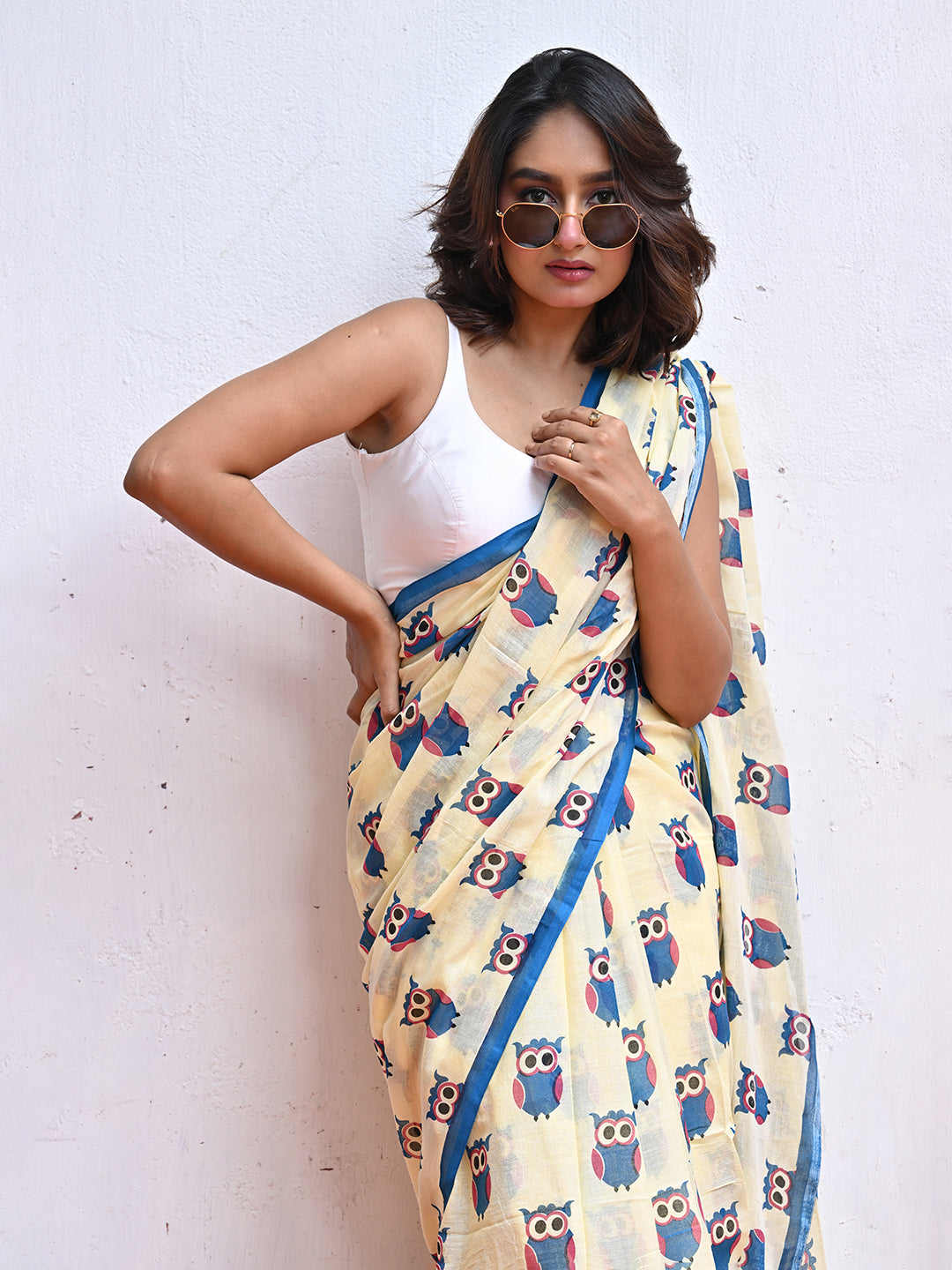 Yellow Owl Mulmul Cotton Saree