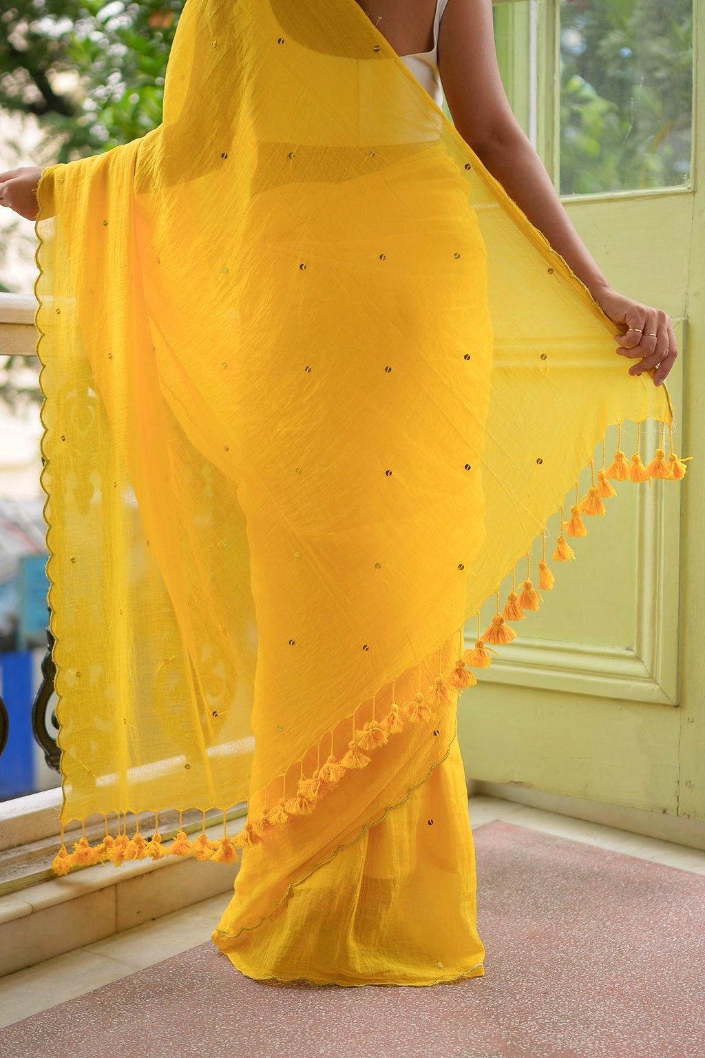 Yellow Sequined Mulmul Cotton Saree