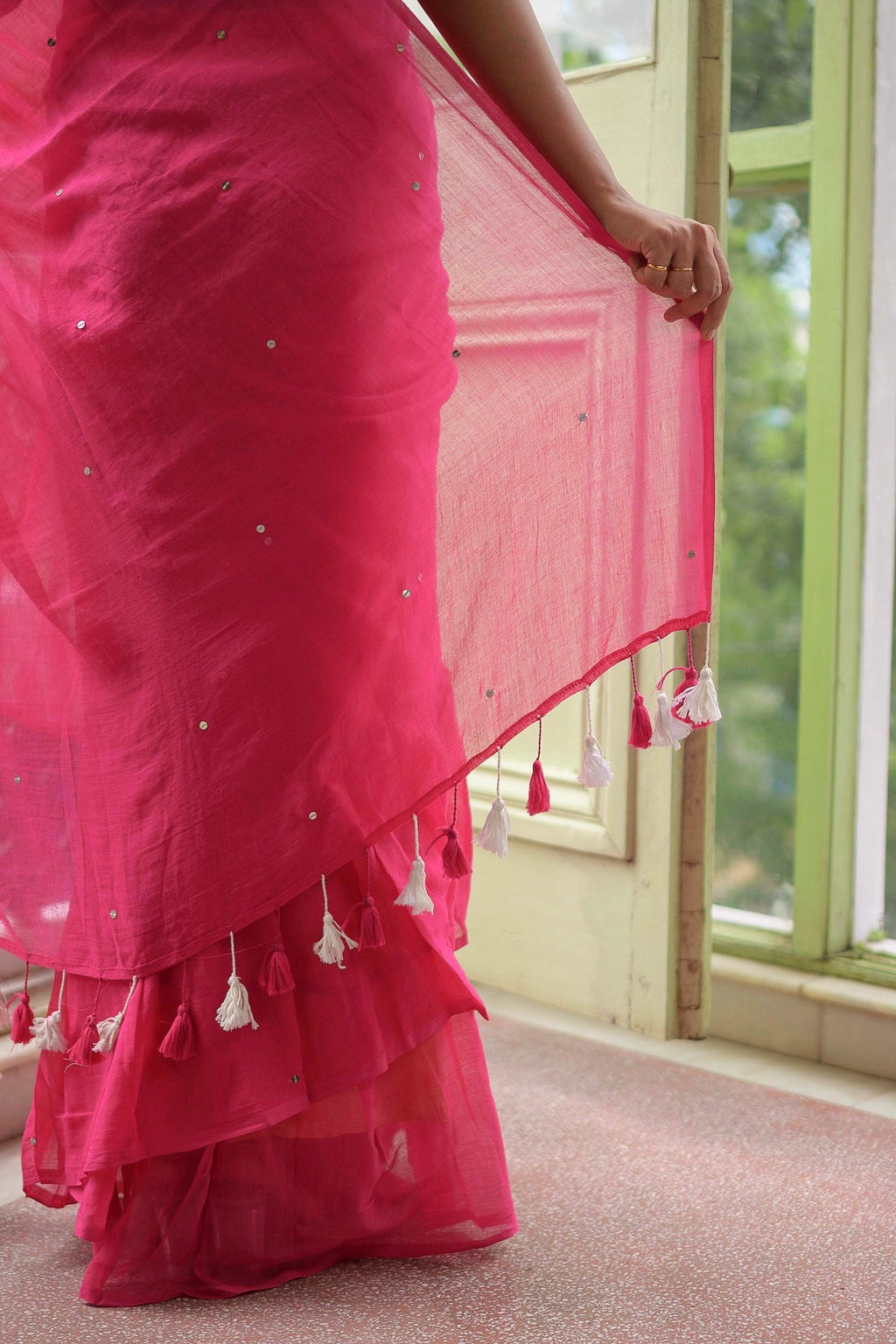 Pink Ruffle Mulmul Cotton Saree