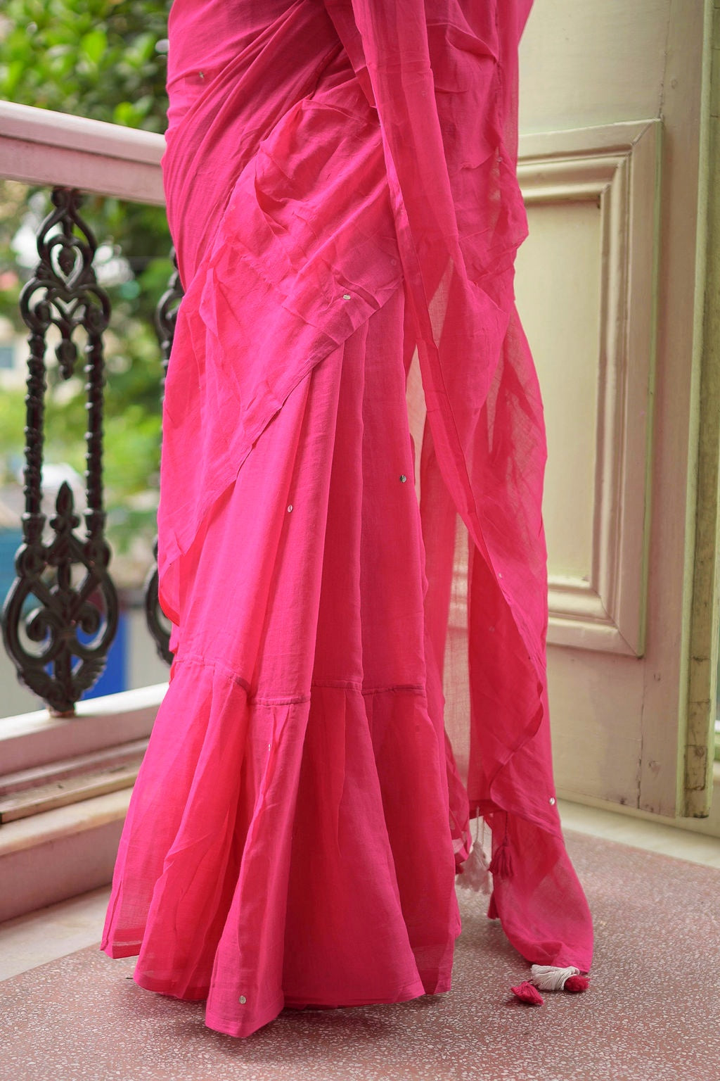 Pink Ruffle Mulmul Cotton Saree